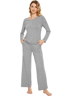 Bamboo Pajama Set for Women 2 Pieces Long Sleeve Loungwear Soft Sleepwear Button-Down Pj Sets Pockets S-XXL