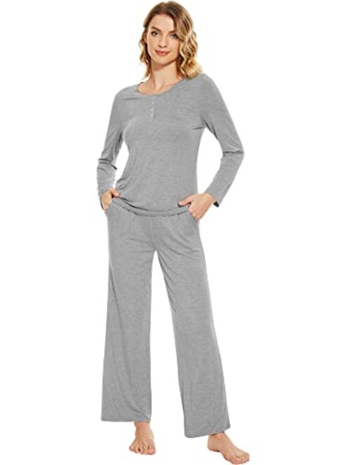 WiWi Bamboo Pajama Set for Women 2 Pieces Long Sleeve Loungwear Soft Sleepwear Button-Down Pj Sets Pockets S-XXL