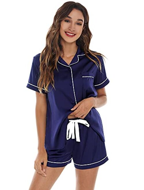 WiWi Womens Silk Satin Pajamas Soft Summer Sleepwear Loose Comfy Loungewear Casual Sleep Nightwear S-XXL