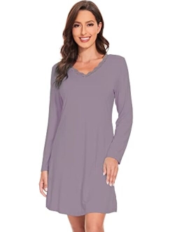 Bamboo Viscose Nightgowns for Women Long Sleeve Sleep Shirt Soft Sleepwear Ladies Nightshirts Pajamas S-XXL