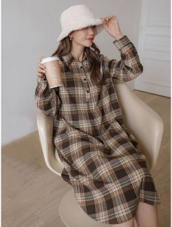 1pc Plaid Half Button Dress