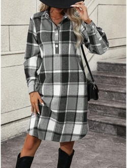 1pc Plaid Half Button Dress