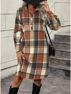 1pc Plaid Half Button Dress