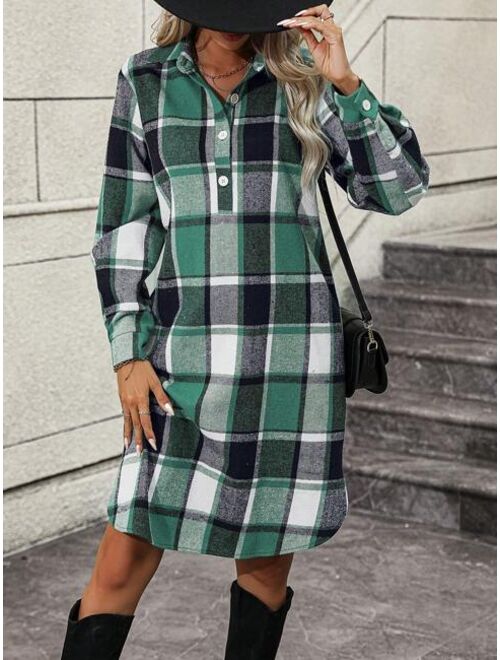 DAZY 1pc Plaid Half Button Dress