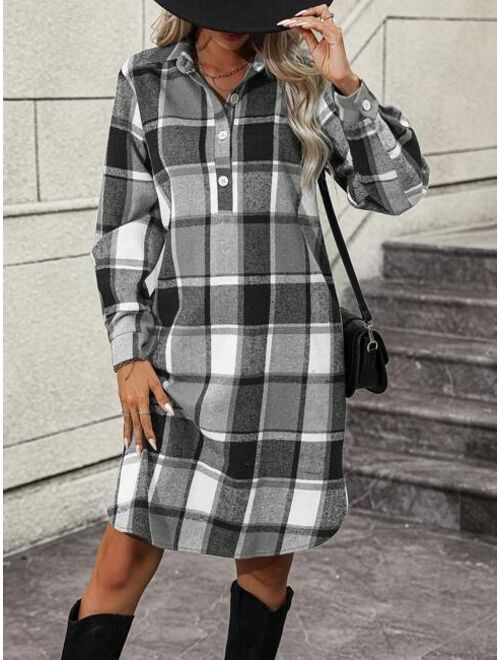 DAZY 1pc Plaid Half Button Dress