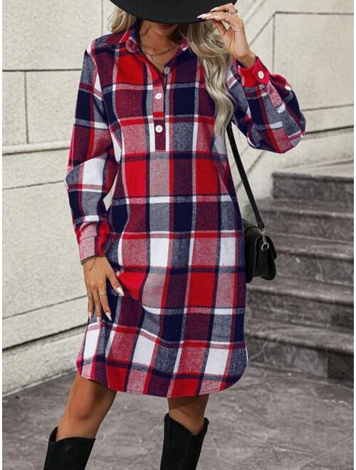 DAZY 1pc Plaid Half Button Dress