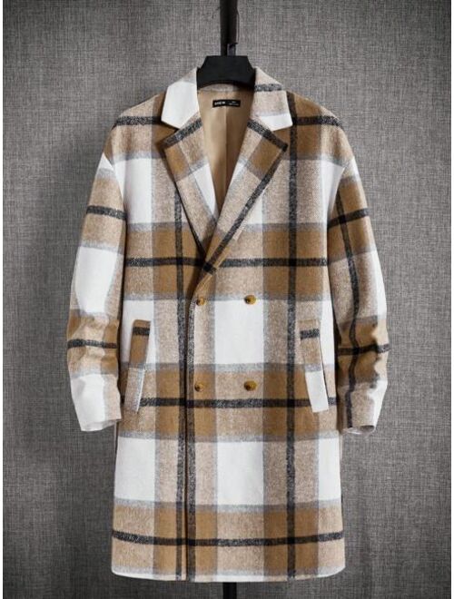 SHEIN Men Plaid Double Breasted Lapel Neck Drop Shoulder Overcoat