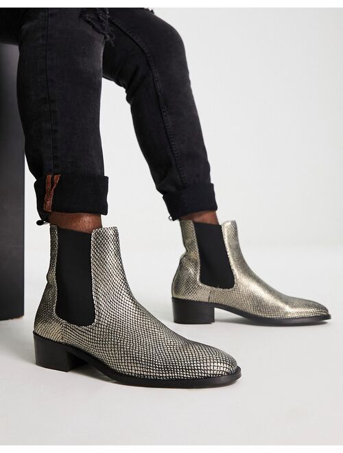 Walk London dalston cuban heeled chelsea boots in gold snake leather