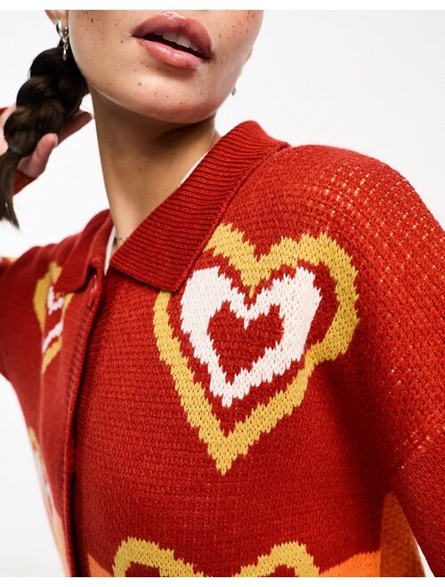 Daisy Street slouchy collar cardigan in retro heart knit
