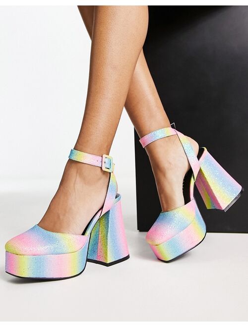 Daisy Street platform flared heeled shoes in rainbow glitter