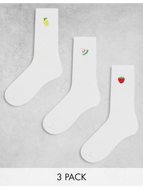 Daisy Street 3 pack white sporty socks with fruit embroidery