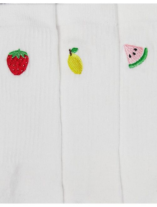 Daisy Street 3 pack white sporty socks with fruit embroidery