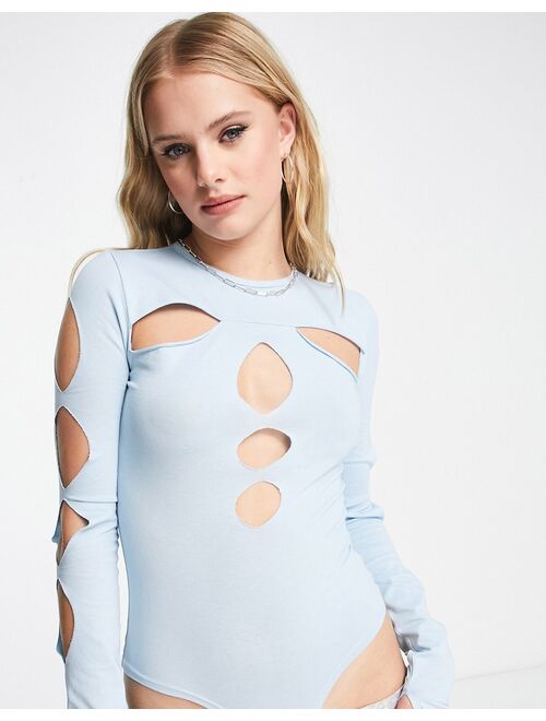 Daisy Street long sleeve bodysuit with extreme cut outs in baby blue