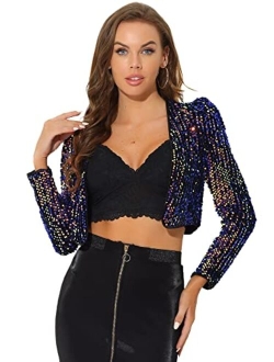 Women's Sequin Shrug Open Front Collarless Halloween Glitter Sparkly Crop Blazer Jacket