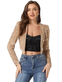 Women's Sequin Shrug Open Front Collarless Halloween Glitter Sparkly Crop Blazer Jacket