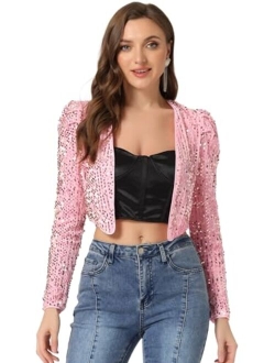 Women's Sequin Shrug Open Front Collarless Halloween Glitter Sparkly Crop Blazer Jacket