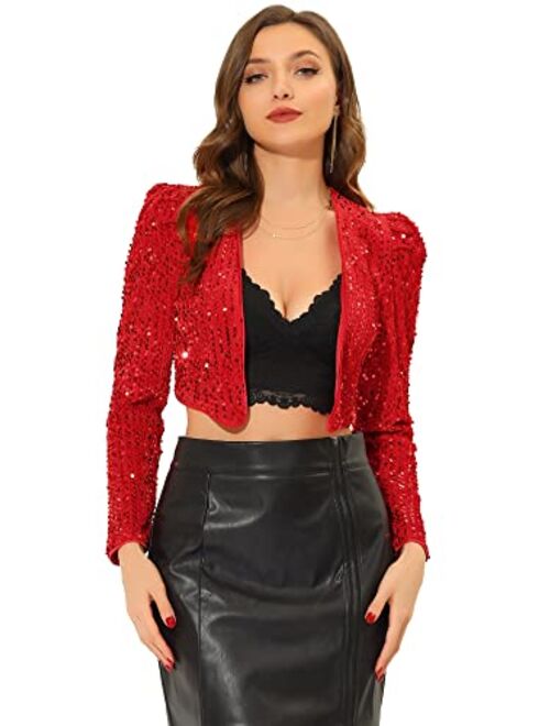 Allegra K Women's Sequin Shrug Open Front Collarless Halloween Glitter Sparkly Crop Blazer Jacket