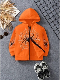 SHEIN Kids EVRYDAY Young Boy Spider Web Print Zip Up Hoodie