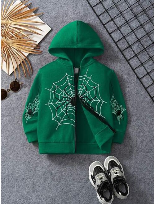 SHEIN Kids EVRYDAY Young Boy Spider Web Print Zip Up Hoodie