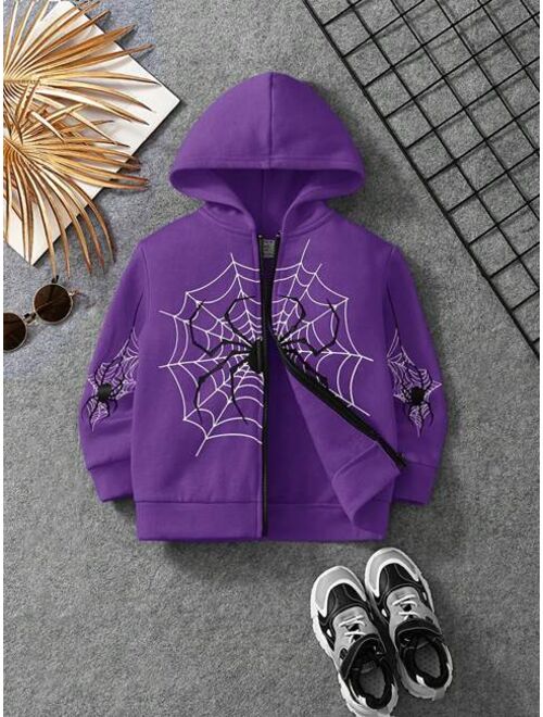 SHEIN Kids EVRYDAY Young Boy Spider Web Print Zip Up Hoodie