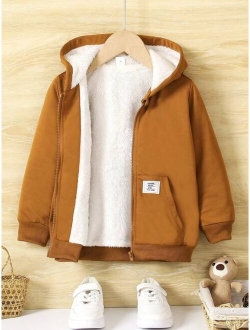 SHEIN Kids EVRYDAY Young Boy Letter Patched Detail Plush Lined Hoodie