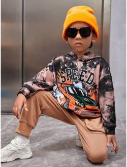 SHEIN Kids Cooltwn Young Boys Casual Loose Hoodie With Car And Letter Print Tie Dye Design Autumn winter