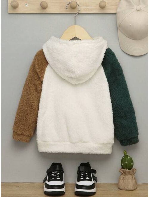 SHEIN Kids EVRYDAY Young Boy Letter Embroidery Raglan Sleeve Teddy Hoodie