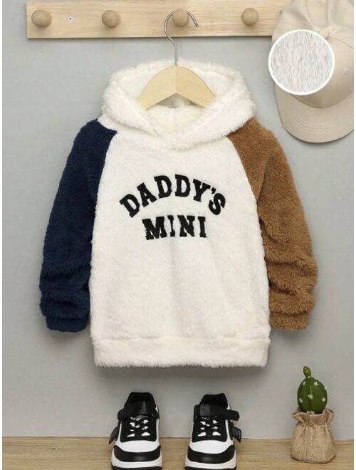 SHEIN Kids EVRYDAY Young Boy Letter Embroidery Raglan Sleeve Teddy Hoodie