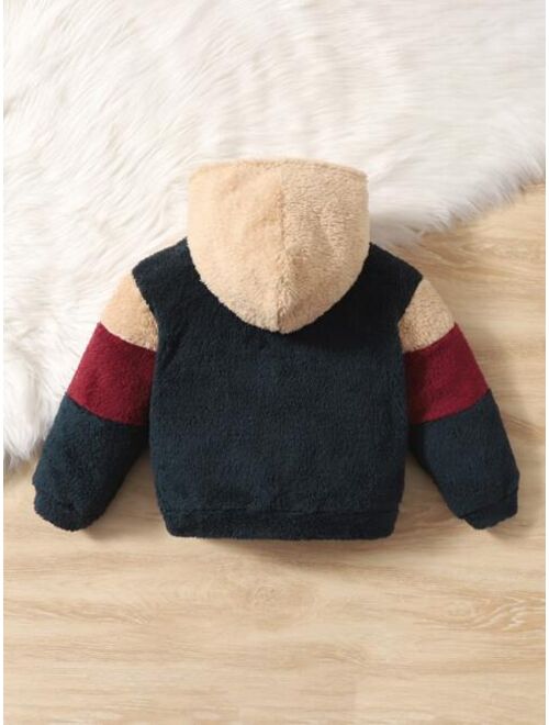 SHEIN Toddler Boys Color Block Teddy Hoodie