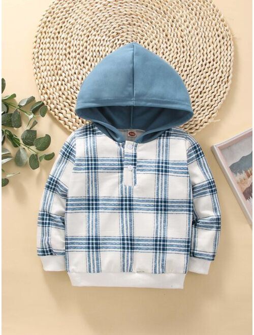 Toddler Boys Plaid Half Button Contrast Panel Hoodie