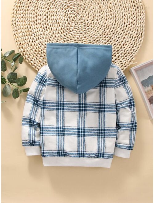 Toddler Boys Plaid Half Button Contrast Panel Hoodie