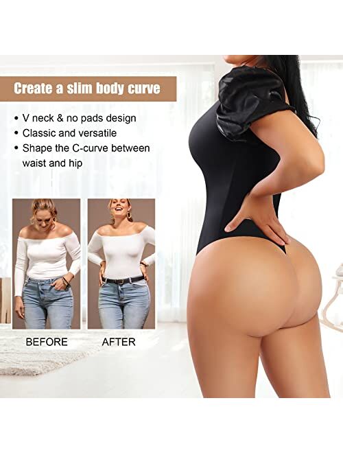 FeelinGirl Bodysuit for Women Tummy Control Seamless Thong Body Shaper Tank Top Short Puff Sleeve Body Suit