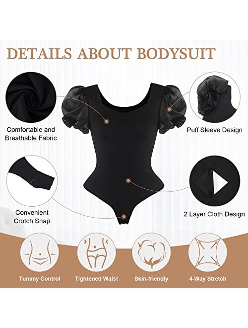 FeelinGirl Bodysuit for Women Tummy Control Seamless Thong Body Shaper Tank Top Short Puff Sleeve Body Suit