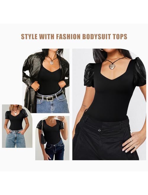 FeelinGirl Bodysuit for Women Tummy Control Seamless Thong Body Shaper Tank Top Short Puff Sleeve Body Suit