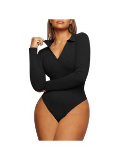 Womens Long Sleeve Tops Bodysuit Deep V Neck Thong Bodysuit Tummy Control Shapewear Bottoming Shirt