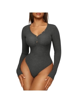 Womens Long Sleeve Tops Bodysuit Deep V Neck Thong Bodysuit Tummy Control Shapewear Bottoming Shirt