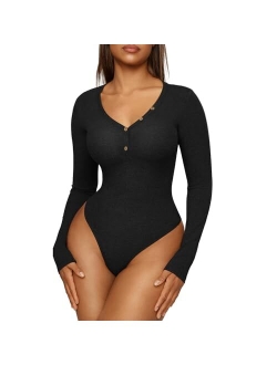 Womens Long Sleeve Tops Bodysuit Deep V Neck Thong Bodysuit Tummy Control Shapewear Bottoming Shirt