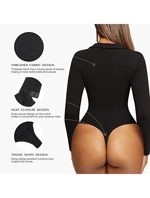 FeelinGirl Womens Long Sleeve Tops Bodysuit Deep V Neck Thong Bodysuit Tummy Control Shapewear Bottoming Shirt