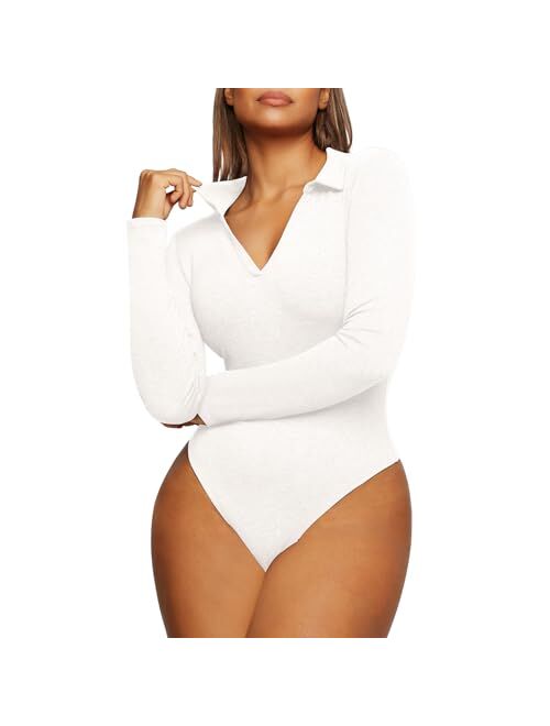 FeelinGirl Womens Long Sleeve Tops Bodysuit Deep V Neck Thong Bodysuit Tummy Control Shapewear Bottoming Shirt