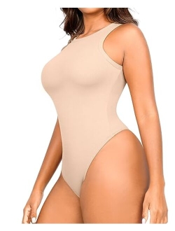 Women's Sleeveless Bodysuit with Built-in Bra Ribbed Thong Leotard Crew Neck Racerback Going Out Tank Tops