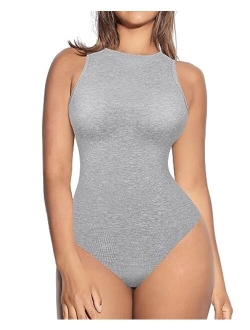 Women's Sleeveless Bodysuit with Built-in Bra Ribbed Thong Leotard Crew Neck Racerback Going Out Tank Tops