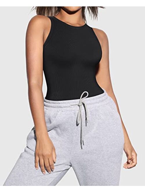 FeelinGirl Women's Sleeveless Bodysuit with Built-in Bra Ribbed Thong Leotard Crew Neck Racerback Going Out Tank Tops