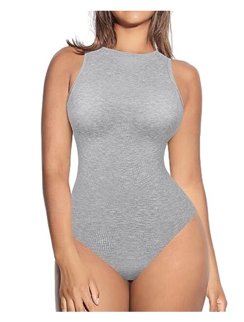 FeelinGirl Women's Sleeveless Bodysuit with Built-in Bra Ribbed Thong Leotard Crew Neck Racerback Going Out Tank Tops