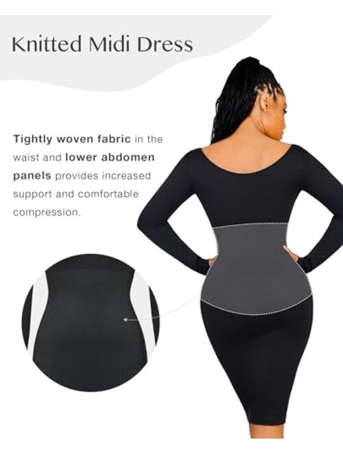 FeelinGirl Bodycon Dress for Women 2023 Long Sleeve Sweater Shaper Dress Fall Shapewear Wedding Guest Midi Dress Built-in Bra