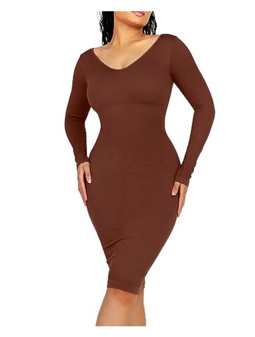 FeelinGirl Bodycon Dress for Women 2023 Long Sleeve Sweater Shaper Dress Fall Shapewear Wedding Guest Midi Dress Built-in Bra