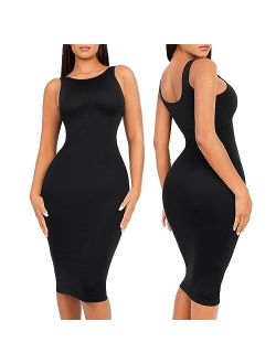 Tank Dress for Women Crew Neck Knee Length Seamless Sleeveless Bodycon Midi Slim Fit Dresses with Bra Pads