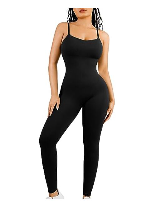 FeelinGirl Jumpsuits for Women Seamless Ribbed One Piece Spaghetti Straps Scoop Neck Rompers Built in Bra Shaper Unitard