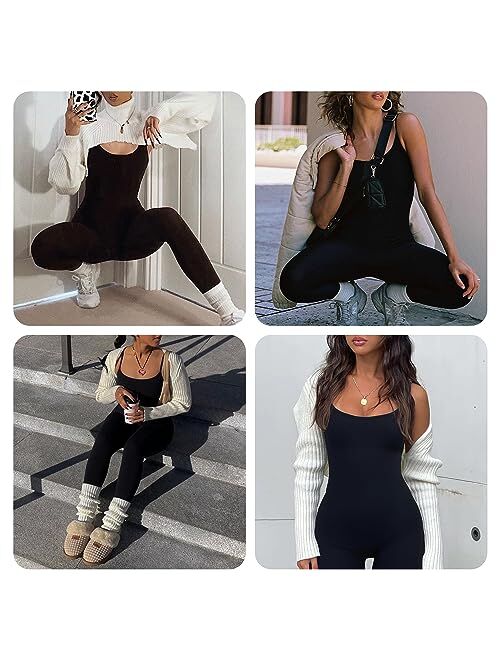 FeelinGirl Jumpsuits for Women Seamless Ribbed One Piece Spaghetti Straps Scoop Neck Rompers Built in Bra Shaper Unitard