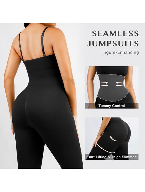 FeelinGirl Jumpsuits for Women Seamless Ribbed One Piece Spaghetti Straps Scoop Neck Rompers Built in Bra Shaper Unitard