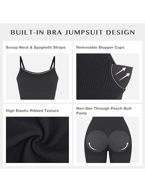 FeelinGirl Jumpsuits for Women Seamless Ribbed One Piece Spaghetti Straps Scoop Neck Rompers Built in Bra Shaper Unitard